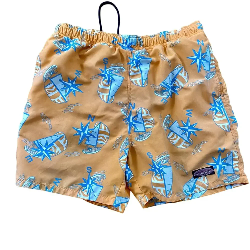 Vineyard Vines Sailboats And Compasses Swim Trunks Orange And Blue Men's Size LG